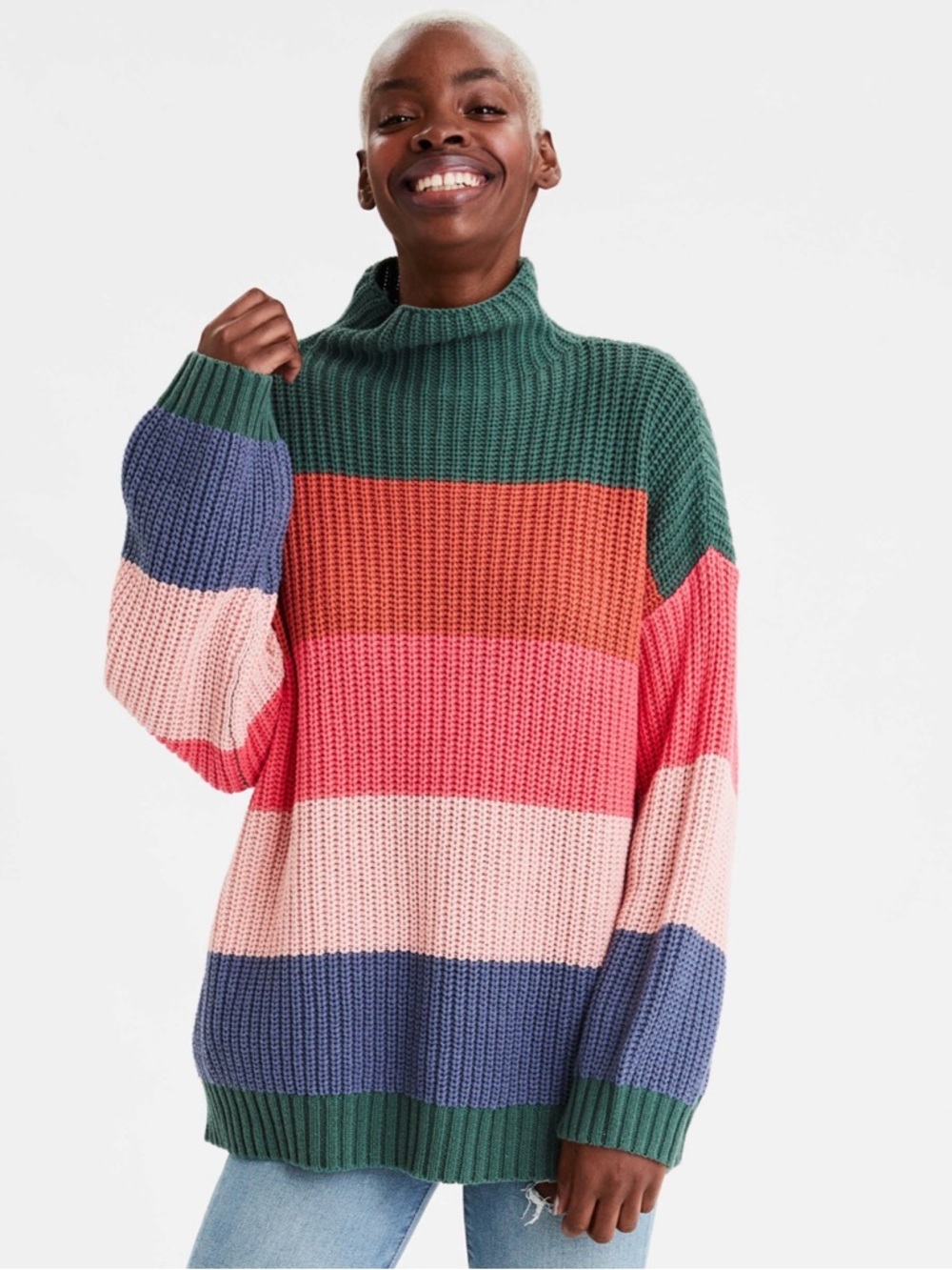 American Eagle Mockneck Oversized Striped Sweater XS/S